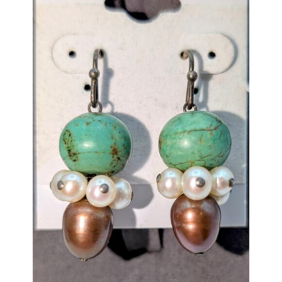 VTG 925 Green Turquoise Freshwater White and Chocolate Pearl Dangle Earrings - Picture 1 of 4
